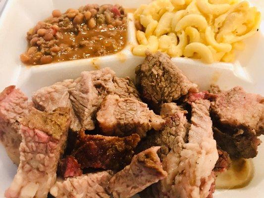 Brisket with sides of Baked Beans and Mac n Cheese