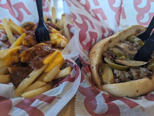 Chili cheese fries and cheesesteak