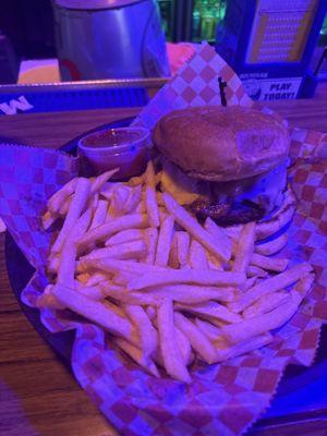 Bacon mushroom Swiss cheese burger with fries!