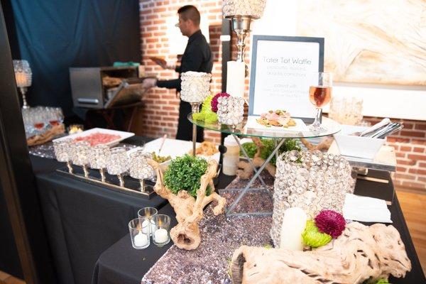 Food station for a corporate event rental with San Diego Wine and Culinary Center