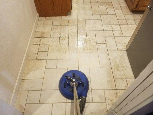 Here is a dirty tile floor we cleaned. Cleaning and sealing patterned tile is typically more work than the regular square tiles.