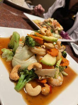 Cashew Shrimp and mixed vegetables with thai chili peppers