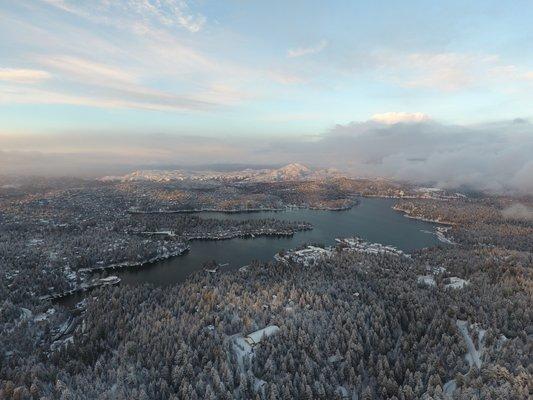 Ariel shot of Lake Arrowhead Winter 2019