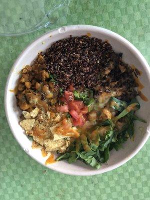 International salad (12.50) -quinoa, tortilla chips, chickpea. Jackfruit, kale, tomato.