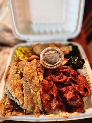 Combo Plate - Spicy Pork and Meat Jun Sides - Corn, Shoyu Potato, Kimchi, Seaweed