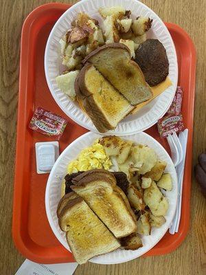 2 eggs with livermush home fries and toast and 2 eggs with sausage home fries and toast