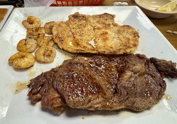 Steak, chicken, shrimp dinner