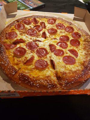 Pepperoni pretzel crust pizza