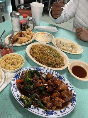 Beef Fried Rice, vegetable lo mein, dumplings & the chicken and broccoli and orange chicken