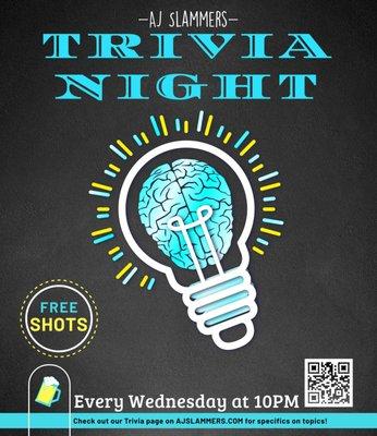 Every Wednesday at 10pm. Free shots for winning answers!