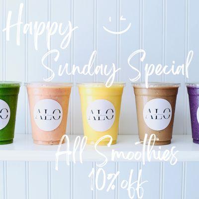 On Sundays, all smoothies 10% OFF. We are open 7:30am-5pm