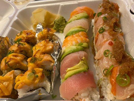 (Left to right) baked salmon roll, rainbow roll, ponzu garlic & spicy albacore roll