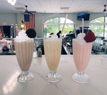 Oreo milkshake, espresso milkshake, strawberry milkshake