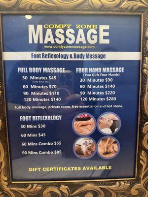 Prices as of December 2023. Foot Reflexology Combo was well-worth the $55 with the masseuse I got.