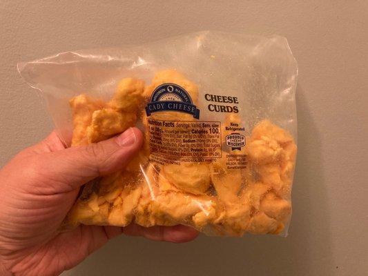 Cady's cheese curds. More a colby or cheddar flavor than the more common mozzarella variety. Briny, squeaky, and fresh. Absurdly delicious.