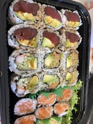 spicy tuna, California, and salmon ... Sunday lunch special included miso soup and salad 18 rolls for under 15.00