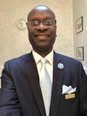 Tie, pocket square and lapel pin, from the Tie Outlet.