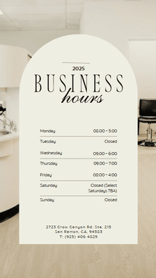 Updated Business Hours effective Jan 2025.