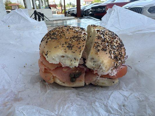 Double lox bagel sandwich. Fresh lox and lox spread combo with tomato, capers, and onions. Heavenly