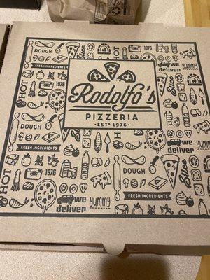 Rodolfo's branded pizza box