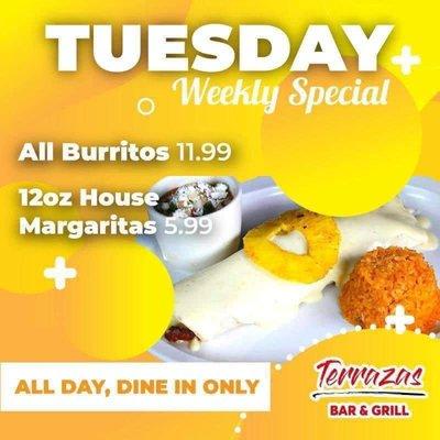 Lunchtime cravings satisfied with an incredible especial burrito at Terrazas Bar & Grill!