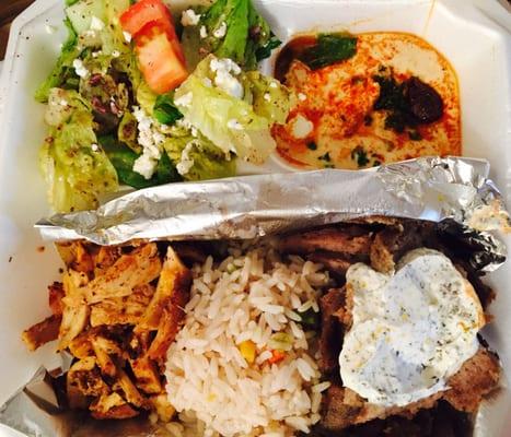 Athen's Sampler: gyros, chicken shawarma, feta salad, hummus & rice