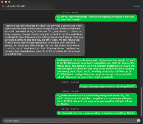 Text messages showing Ortiz's unwillingness to negotiate a refund for their substandard work.