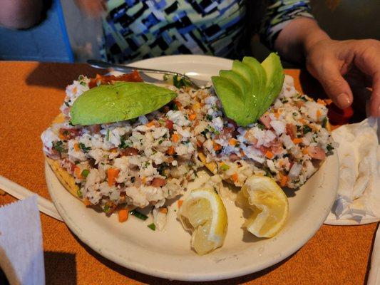 My bride's Ceviche Tostadas with fresh avocados