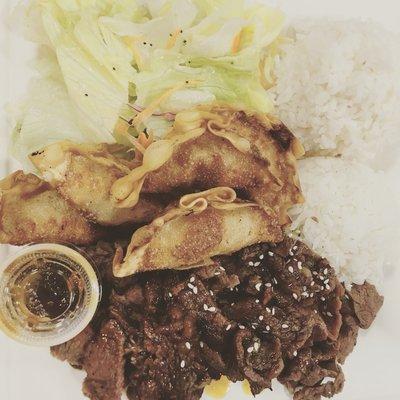 Combo teriyaki beef and potsticker.