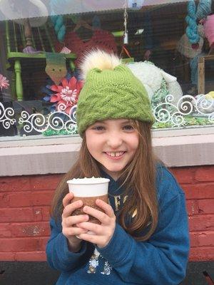 Tara with her Pom Pom hat and steamer!