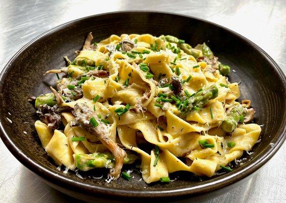 Wild Mushrooms & Truffle Noodles - pappardelle, truffle cream, mushrooms, Parmigiano Reggiano and asparagus.