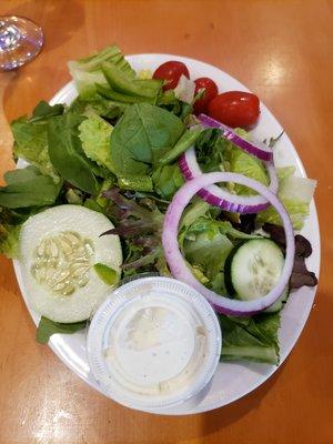 Salad two pieces of cucumber and three cherry tomatoes.