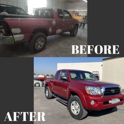 Before and after images of the passenger side of the Toyota Tacoma.