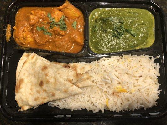 Chicken Curry, Saag Paneer, Tandoori Naan, Bowl of rice