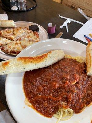 Kids cheese pizza, spaghetti with meat sauce