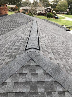 GAF HDZ Charcoal High Definition Architectural shingles and cobra 3 ridge-vent.