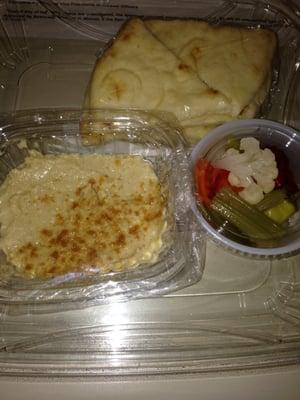 Hummous, pickled veggies and pita.  Available in the refrigerated section, pre-made so there is no wait.  Yummy!  GARLIC!