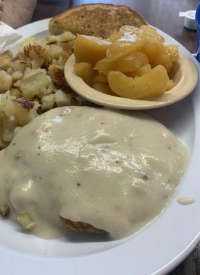 Country Fried Steak w/ Fried Cornbread (not sweet), Fried Potatoes and Fried Apples