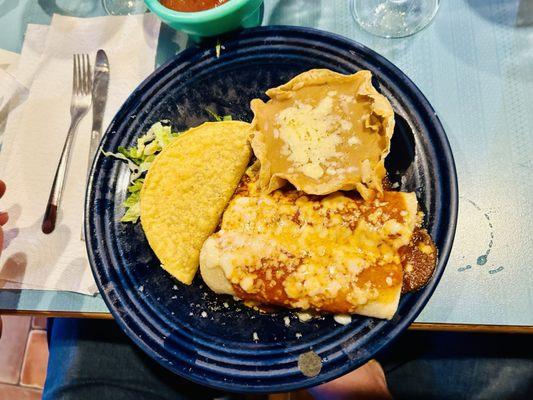 Beef Enchiladas, Taco and refried beans