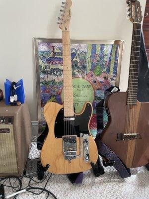 Telecaster assembled by Dom. Can't wait to bring him the nylon-electric on the right to him.