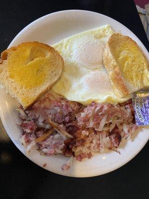 House Made Hash & Eggs with sour dough toast