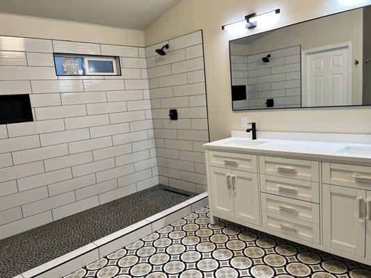 Overview of remodeled bathroom.