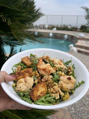 Homemade miso shrimp, miso tofu, walnut arugula salad. My brother even packed a giant portion to go, LoL