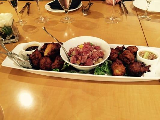 Calamari ricotta fritters and citrus tuna tartar.