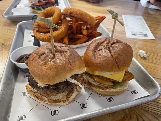 Mini chicken sandwich and cowboy burger w/rings and sweet potato fries.