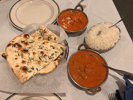 Naan Bread, Chicken Tikka Masala (bottom), and Butter Chicken (top). Delicious!