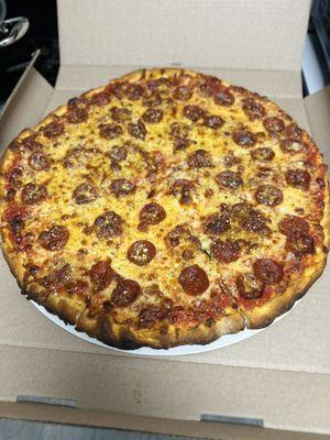 16" Pepperoni Pizza.  Well Done, Pie Cut