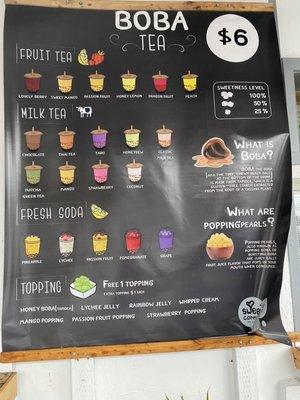 Boba Tea options ($6)  Extra topping/boba (+$1)