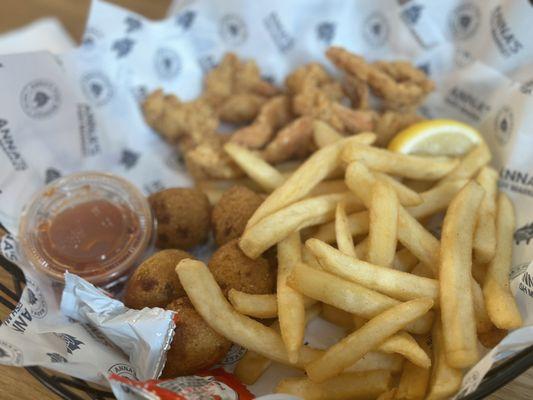 Jumbo Shrimp and Chips plus hush puppies