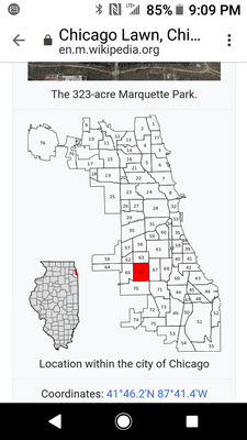 Red square designates Chicago Lawn/Marquette Park on map of Chicago.  https://en.wikipedia.org/wiki/Chicago_Lawn,_Chicago